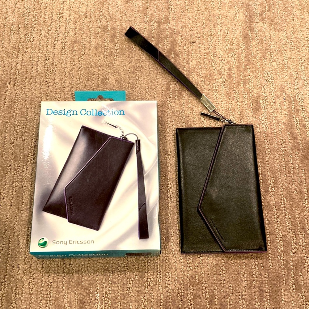 NIB Black leather phone case/clutch, purple trim, 6”x4”